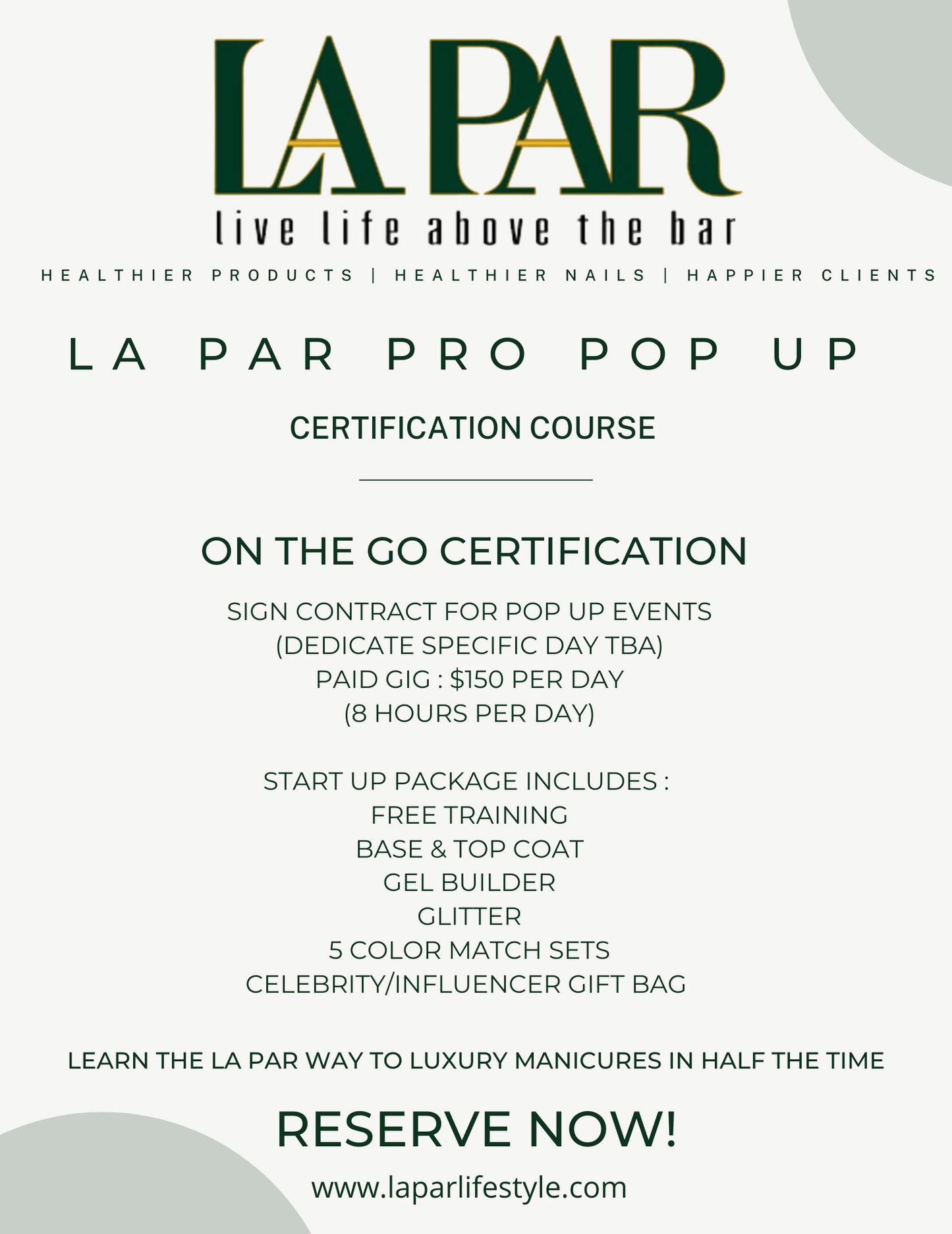 La Par Pro Pop Up Certification Course on the go brochure