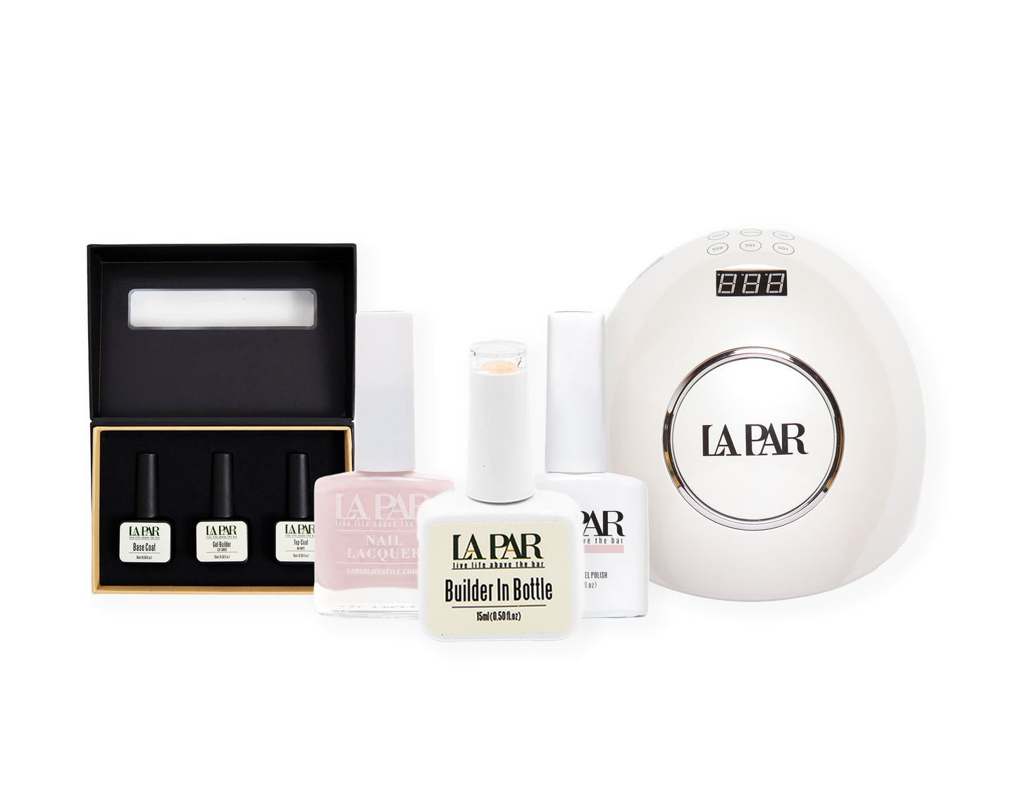 The At Home Kit consisting of Trio Foundation, 2 Builder In Bottles, 3 color match and a LED Lamp