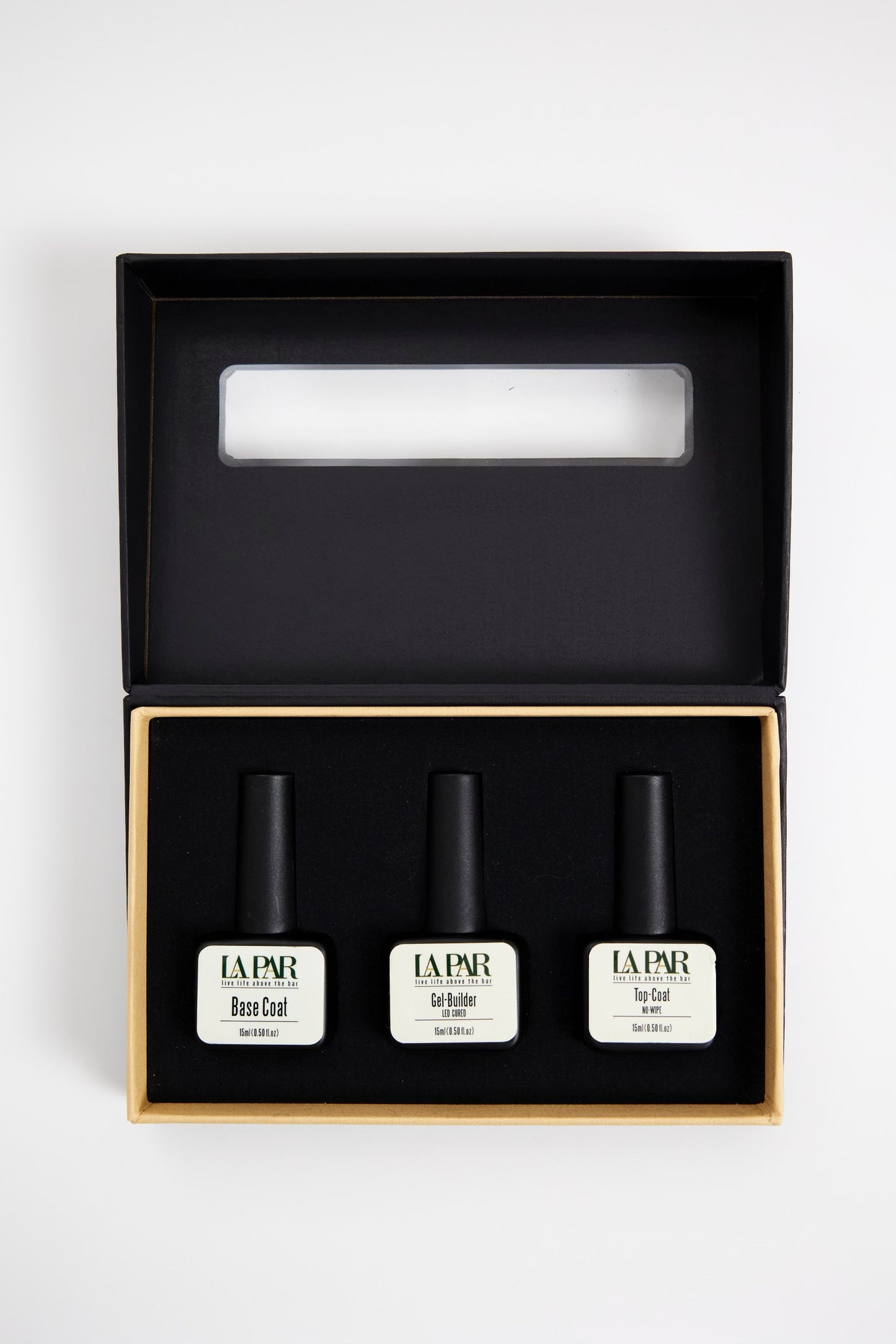 Open box of La Par Foundation Trio Kit featuring Base Coat, Gel Builder and Top Coat