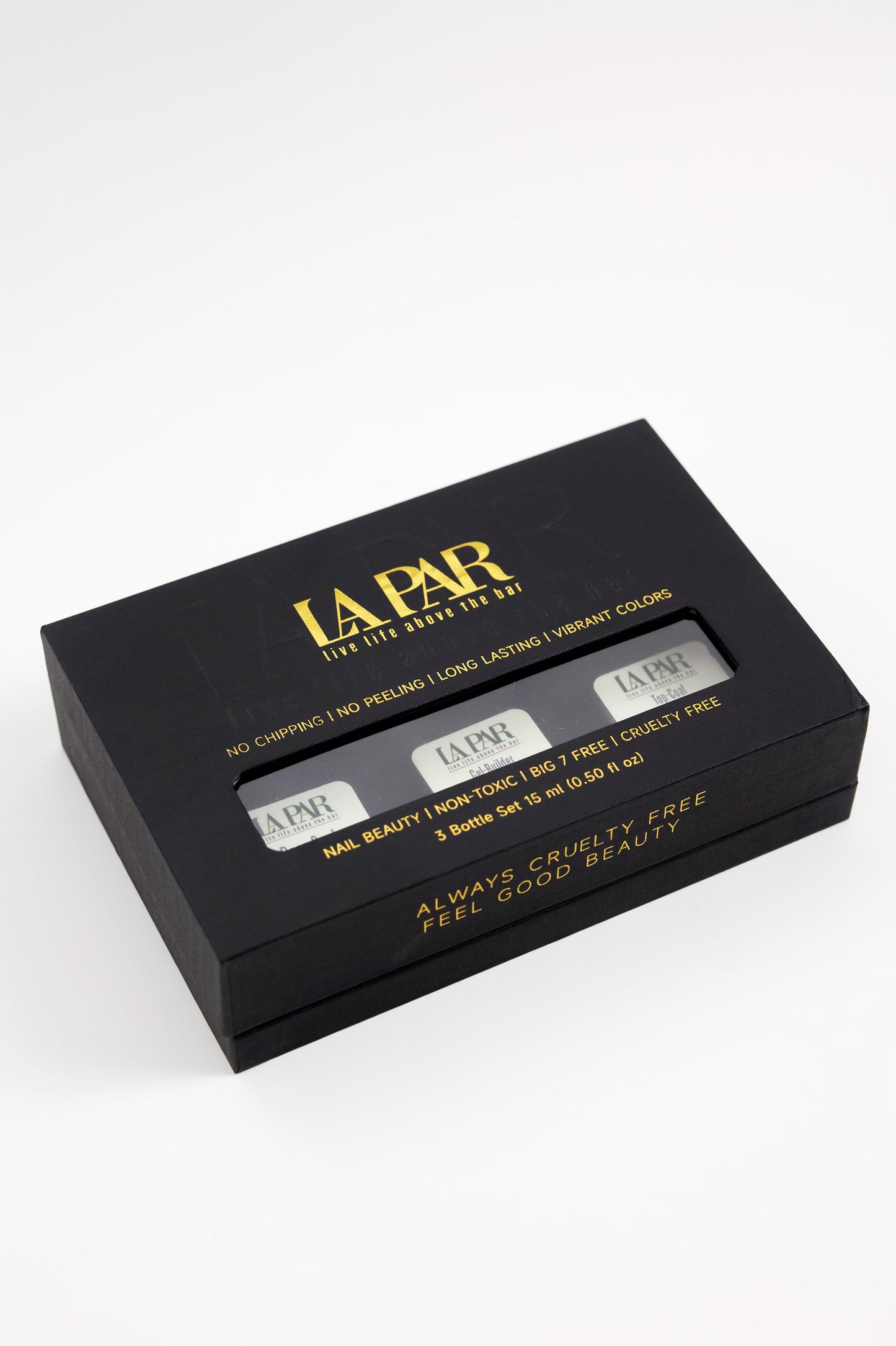 Closed box of La Par Foundation Trio Kit featuring Base Coat, Gel Builder and Top Coat at an angle