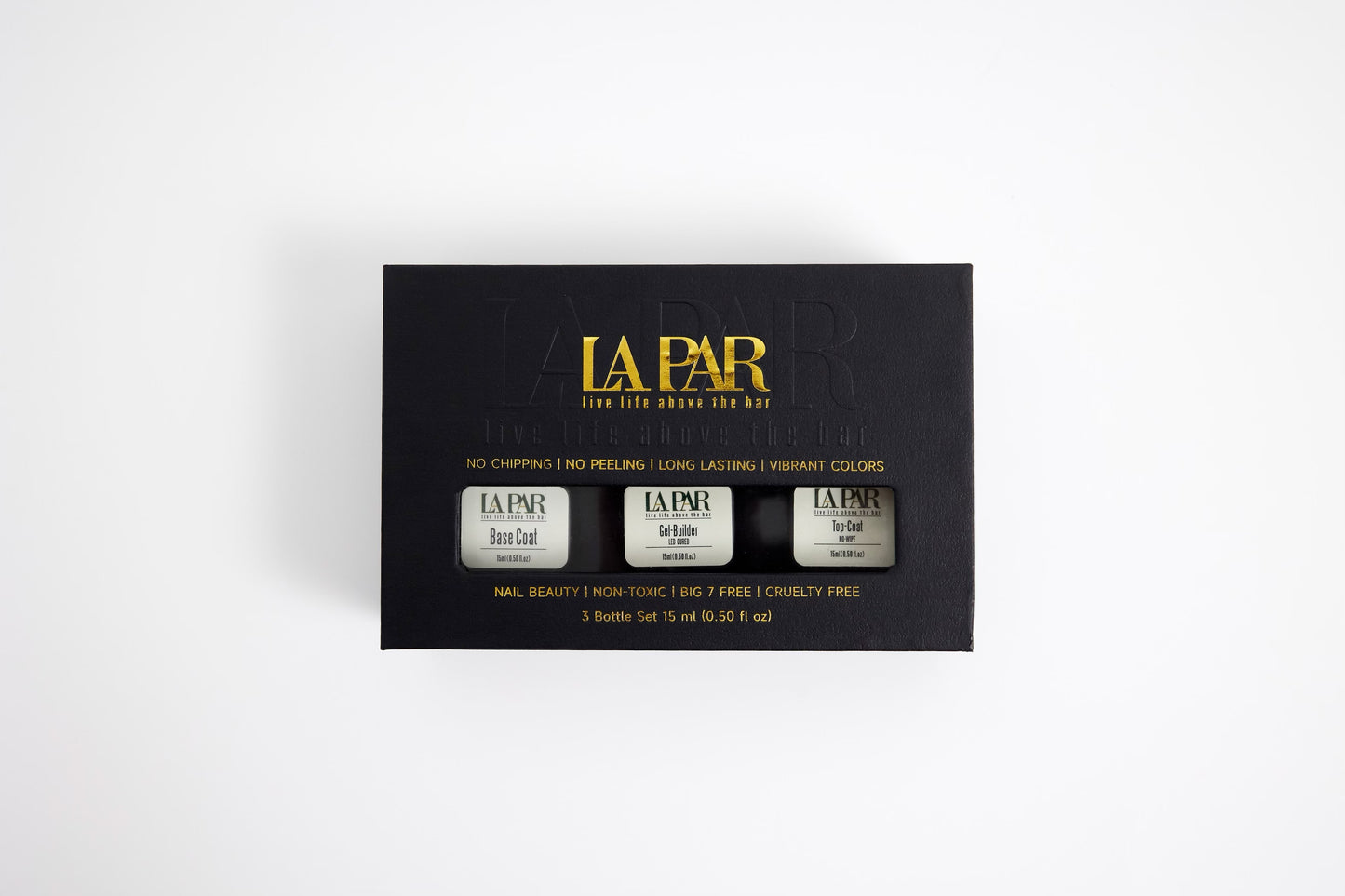 Closed box of La Par Foundation Trio Kit featuring Base Coat, Gel Builder and Top Coat