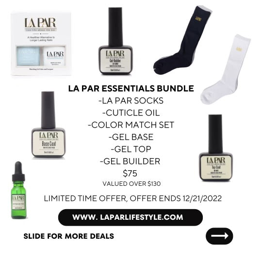 La Par Essentials bundle including La Par black and white socks, cuticle oil, nail polish set, gel base, gel top, and gel builder