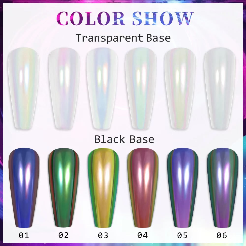 La Par Iridescent Yellow #3 Liquid Chrome Aurora Kit color show with transparent base nails and black base nails